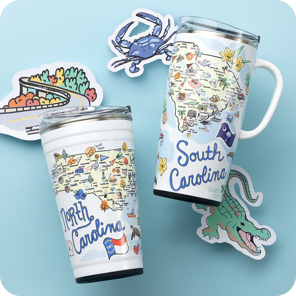 Swig Life 24oz Party Cup in North Carolina and 22oz Travel Mug in South Carolina shot on a light blue background with a blue crab and green alligator sticker