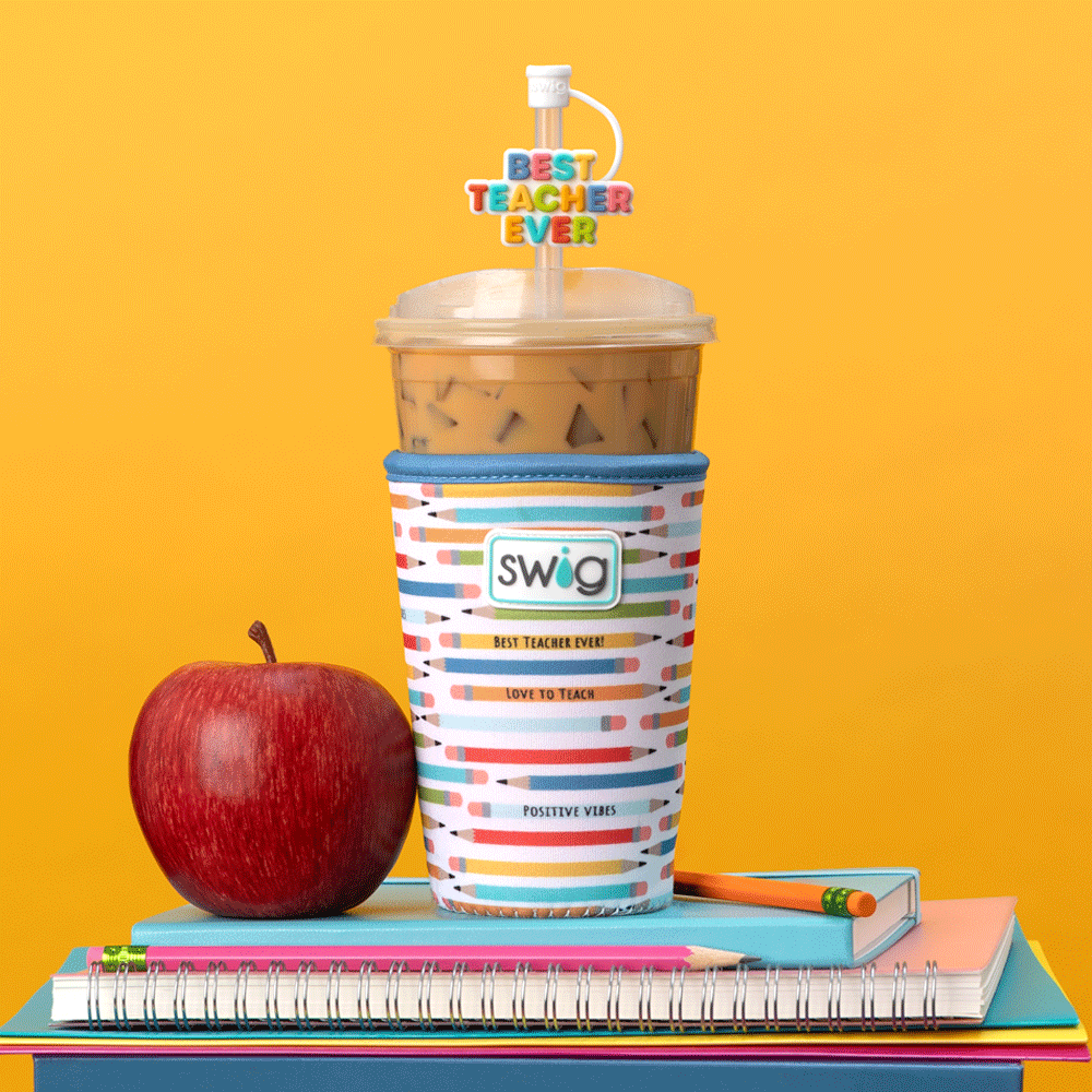 Swig Life Teacher Life Iced Cup Coolie animation with Best Teacher Ever Straw Topper