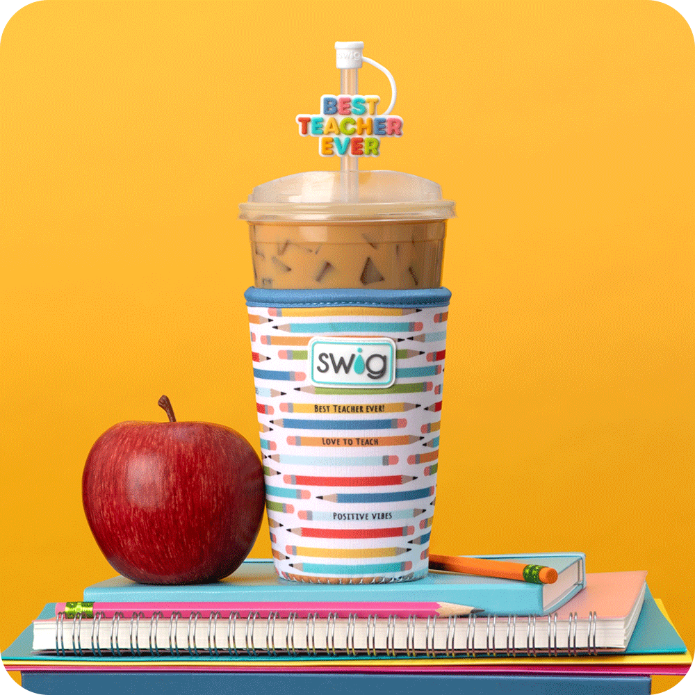 Swig Life Teacher Life Iced Cup Coolie animation with Best Teacher Ever Straw Topper
