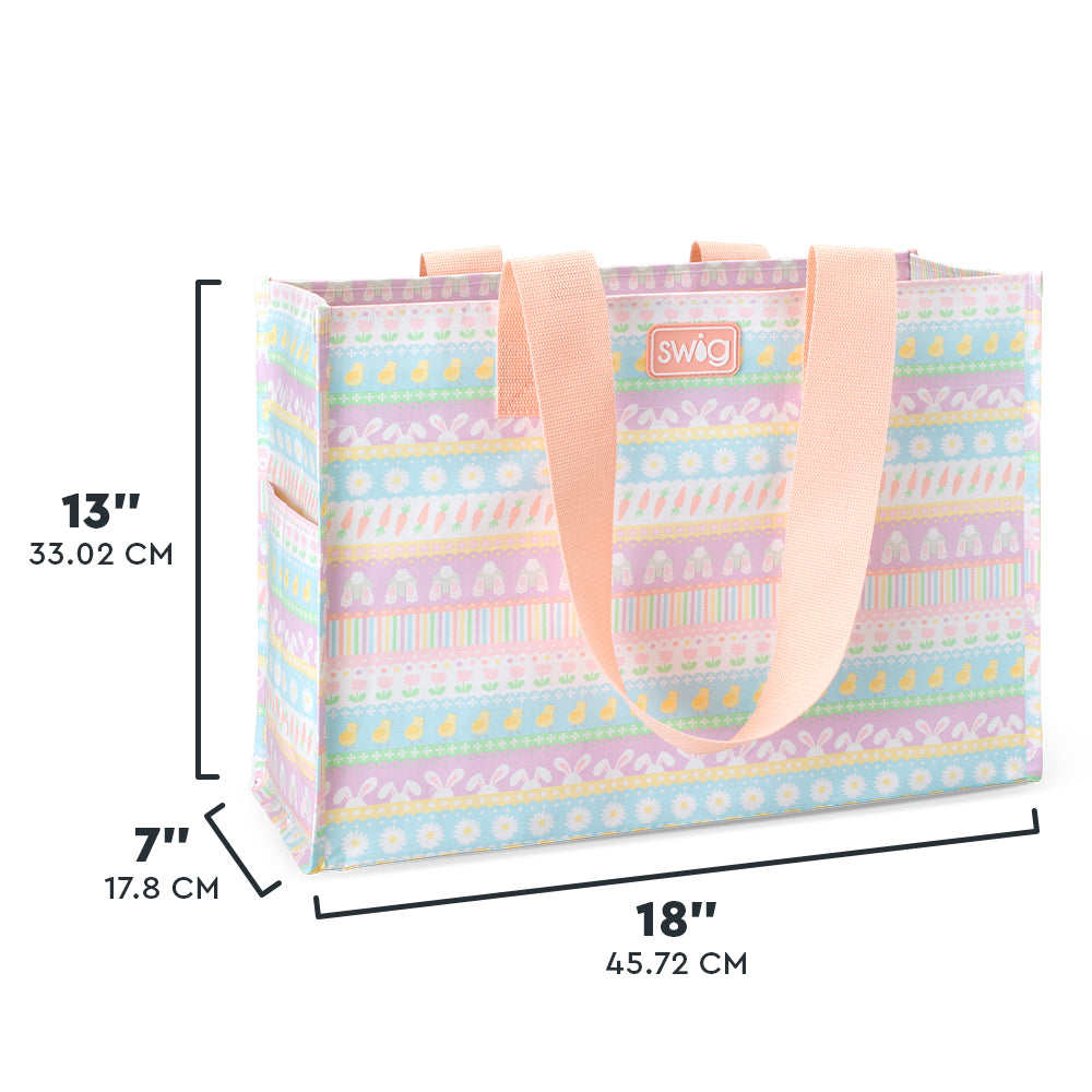 Swig Life Bunny Trail Large Reusable Bag size scale graphic showing dimensions