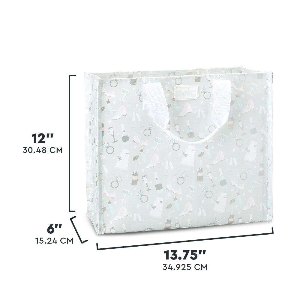 Swig Life Bride to Be Medium Reusable Bag size scale graphic showing dimensions