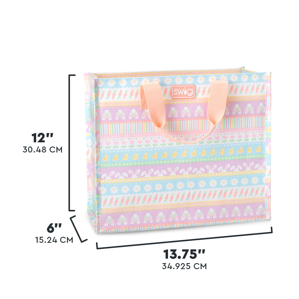 Swig Life Bunny Trail Medium Reusable Bag size scale graphic showing dimensions