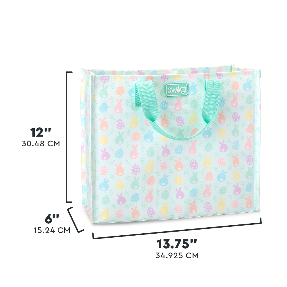 Swig Life Egg Hunt Medium Reusable Bag size scale graphic showing dimensions