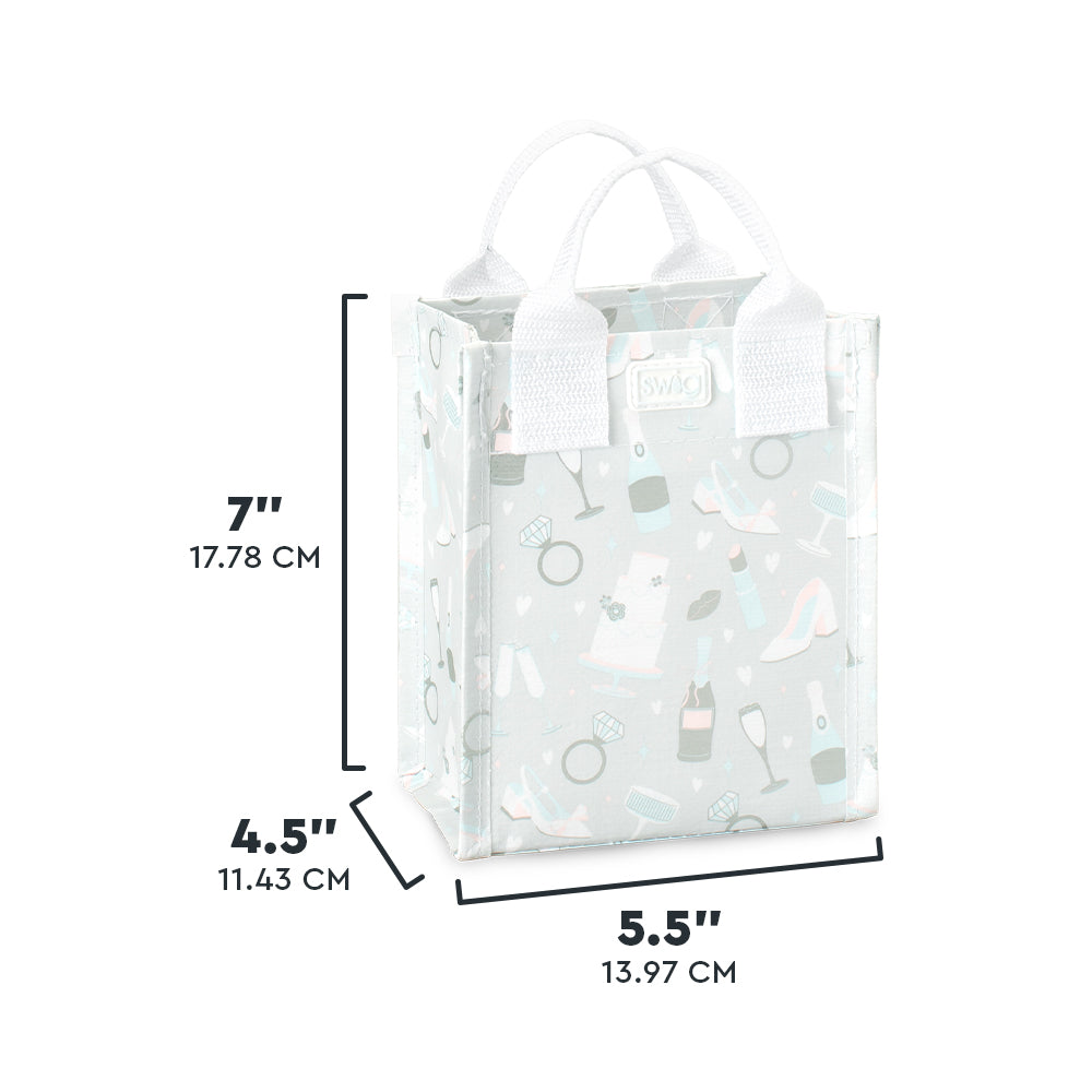 Swig Life Bride to Be Mini Reusable Bag size scale graphic showing dimensions