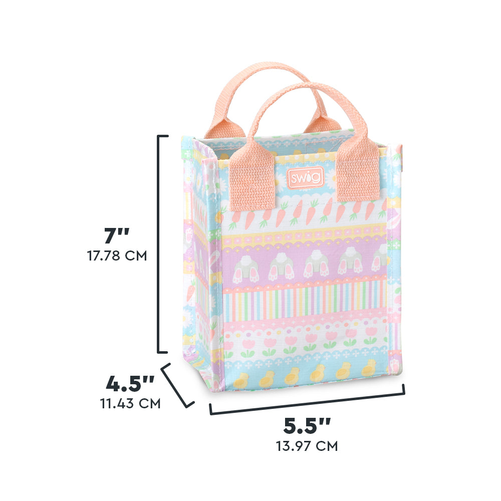 Swig Life Bunny Trail Mini Reusable Bag size scale graphic showing dimensions