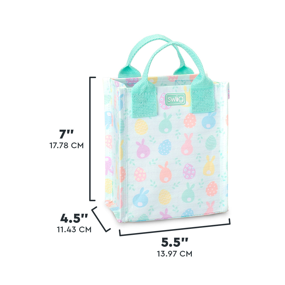 Swig Life Egg Hunt Mini Reusable Bag size scale graphic showing dimensions