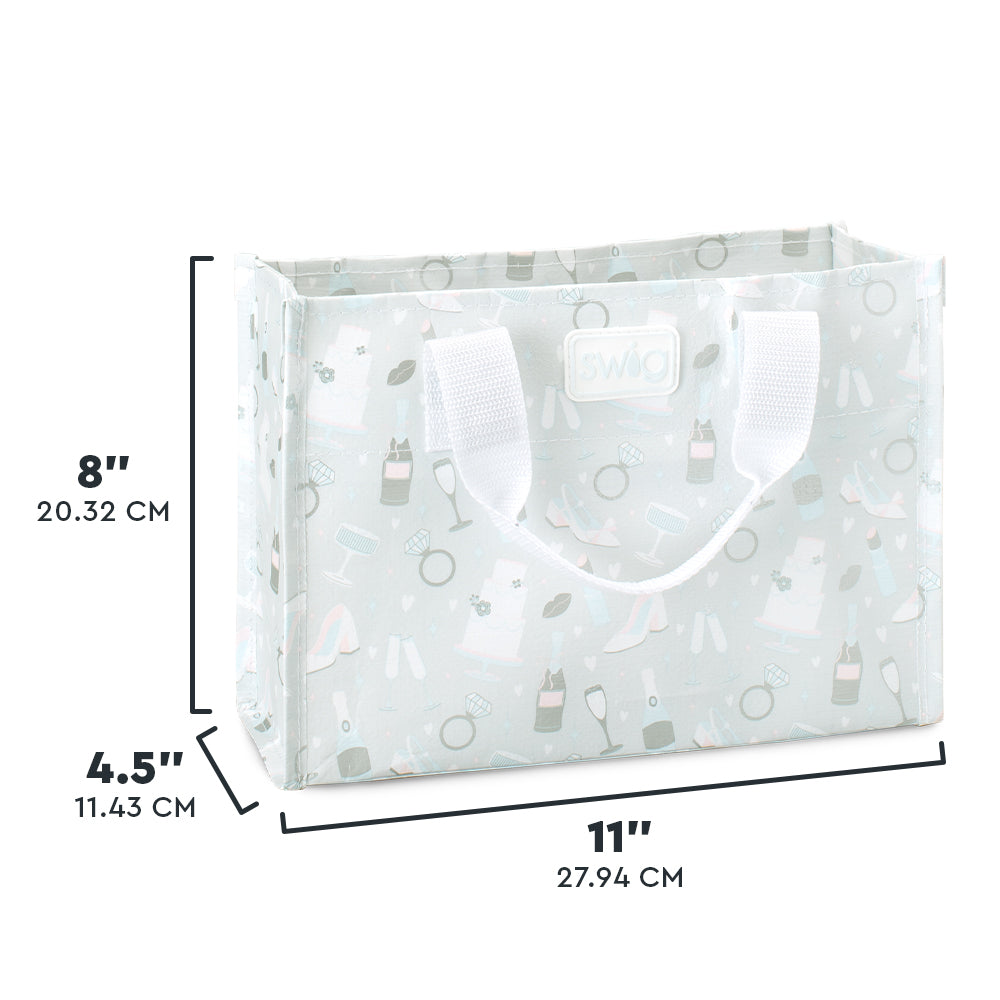 Swig Life Bride to Be Small Reusable Bag size scale graphic showing dimensions