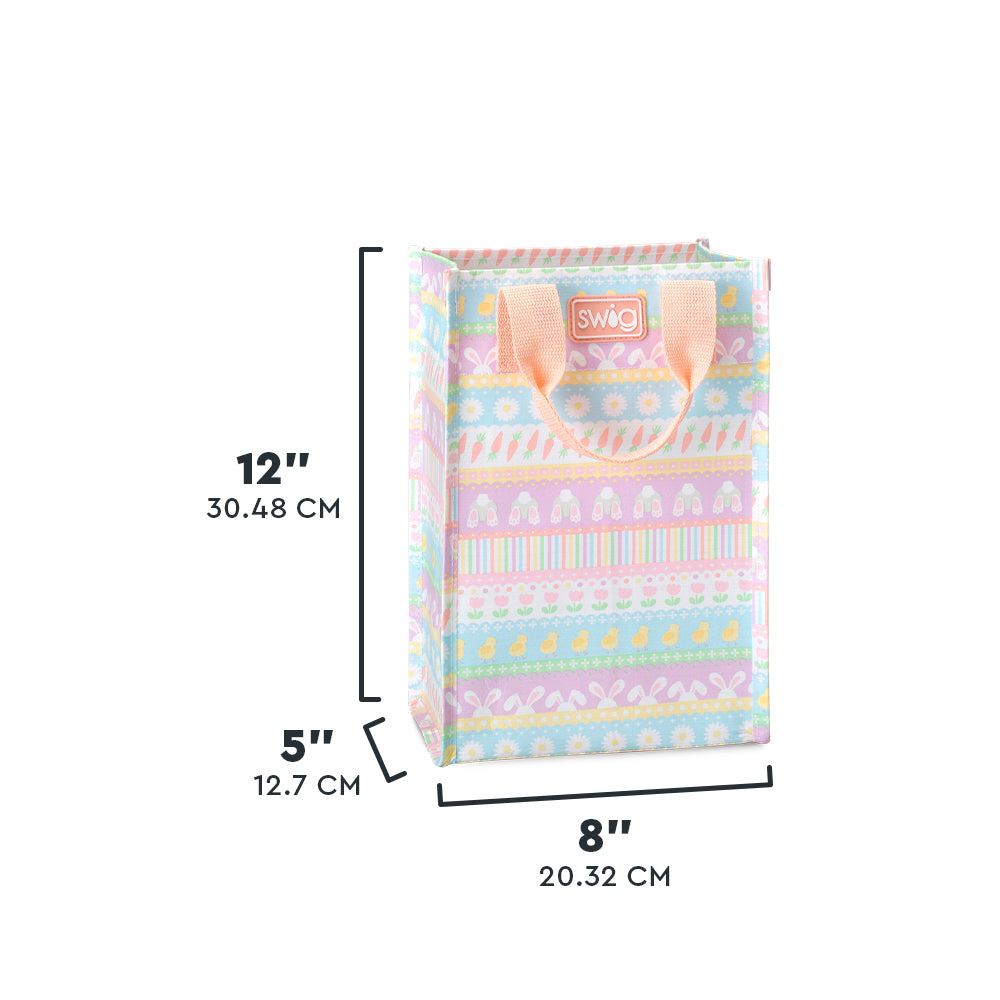 Swig Life Bunny Trail Tall Reusable Bag size scale graphic showing dimensions