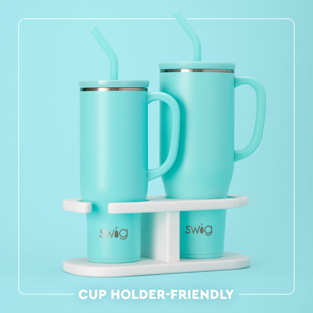 Infographic showing the size difference of the Swig Life 30oz Mega Mug and 40oz Mega Mug, both are cup-holder friendly