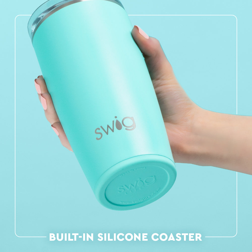 Swig Life Built-in Silicone Coaster Base infographic shown in Aqua - slip-free, scratch-free, noise-free