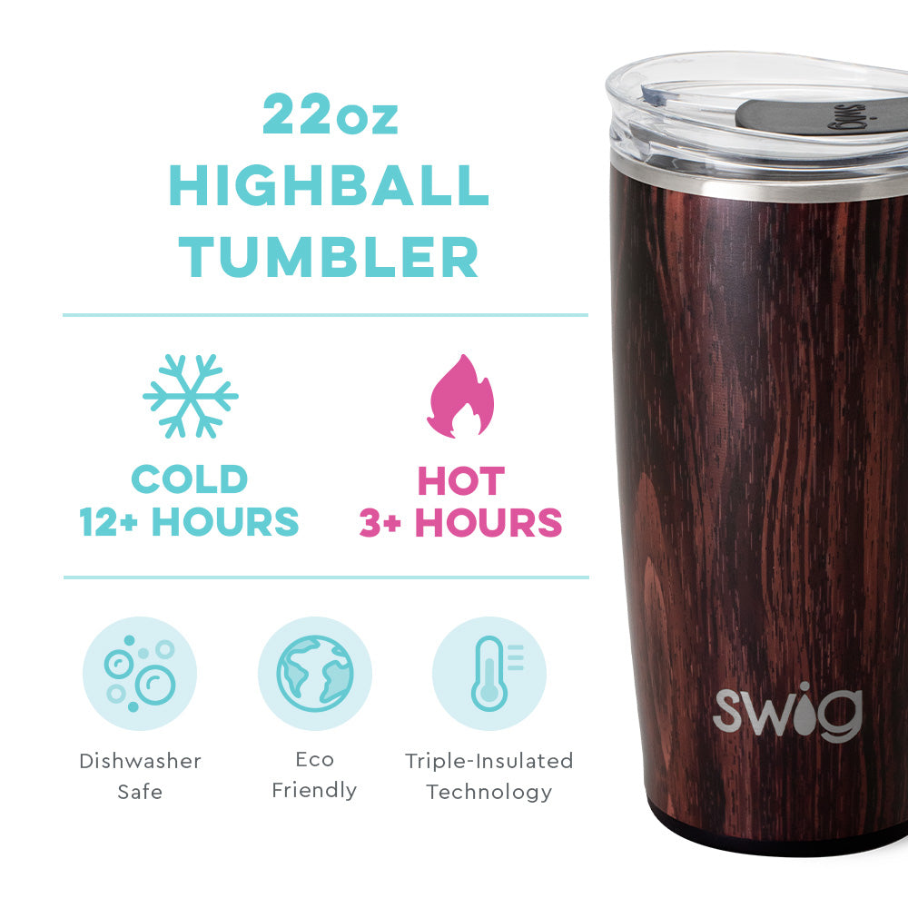 Swig Life 22oz Bourbon Barrel Highball Tumbler temperature infographic - cold 12+ hours or hot 3+ hours