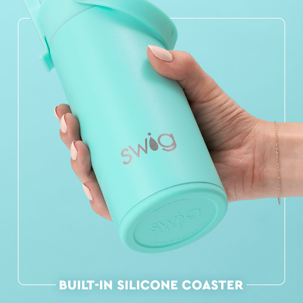 Swig Life 12oz Flip + Sip Slim Tumbler Built-in Silicone Coaster Base infographic shown in Aqua - slip-free, scratch-free, noise-free