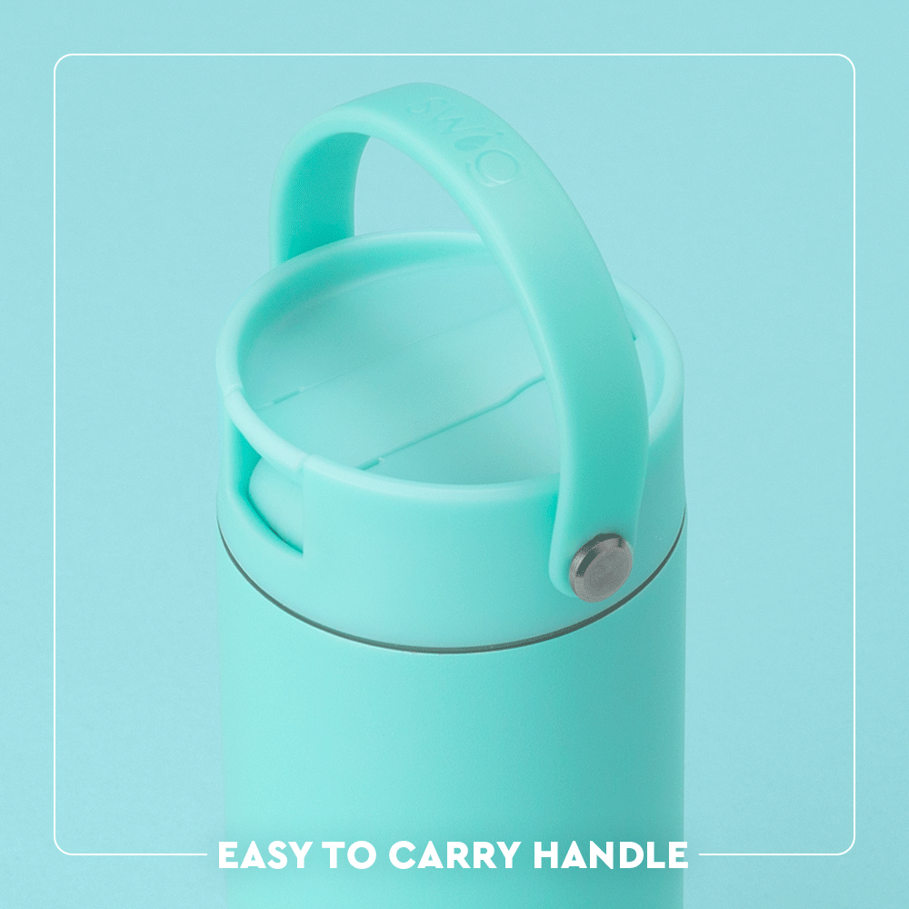 Swig Life Aqua Flip + Sip Straw Cap Lid animation with easy carry handle