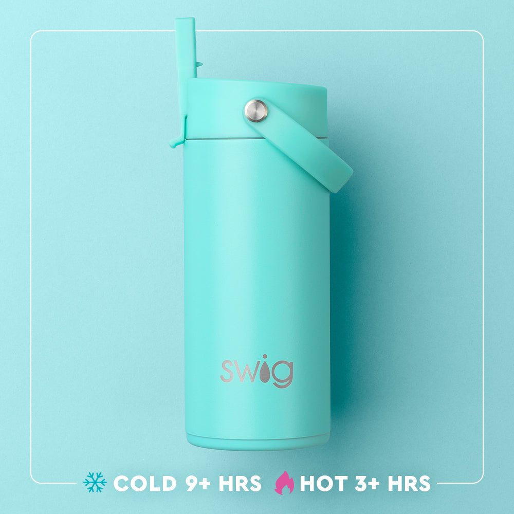 Swig Life 12oz Flip + Sip Slim Tumbler temperature infographic - cold 9+ hours or hot 3+ hours