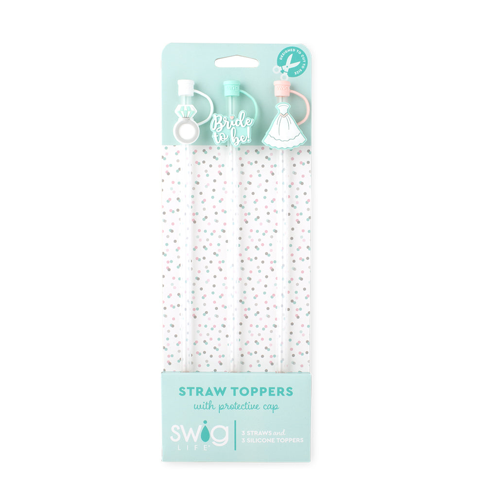 Swig Life Bride to Be Straw Topper Set including three straws and three silicone topper protective caps