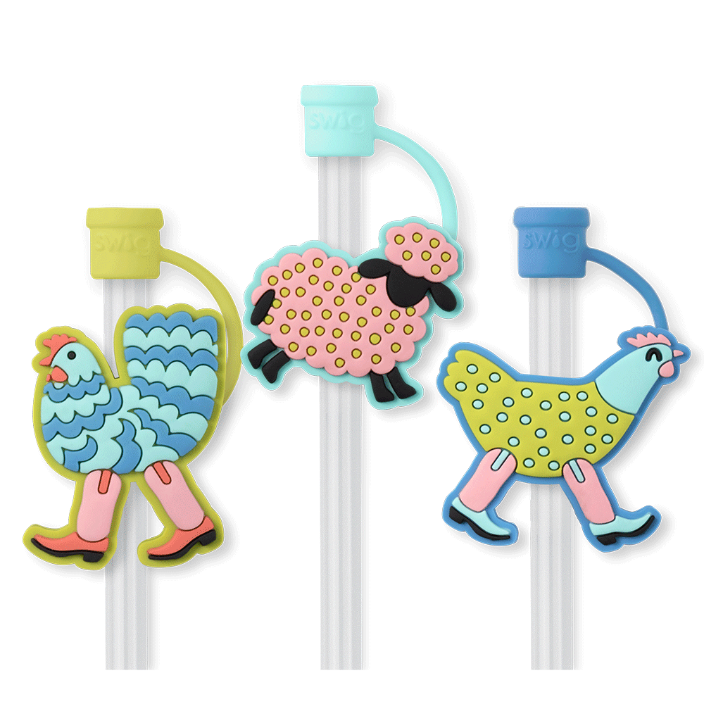 Swig Life Funky Chicken Straw Topper Set Animation showing silicone caps coming on and off of straws
