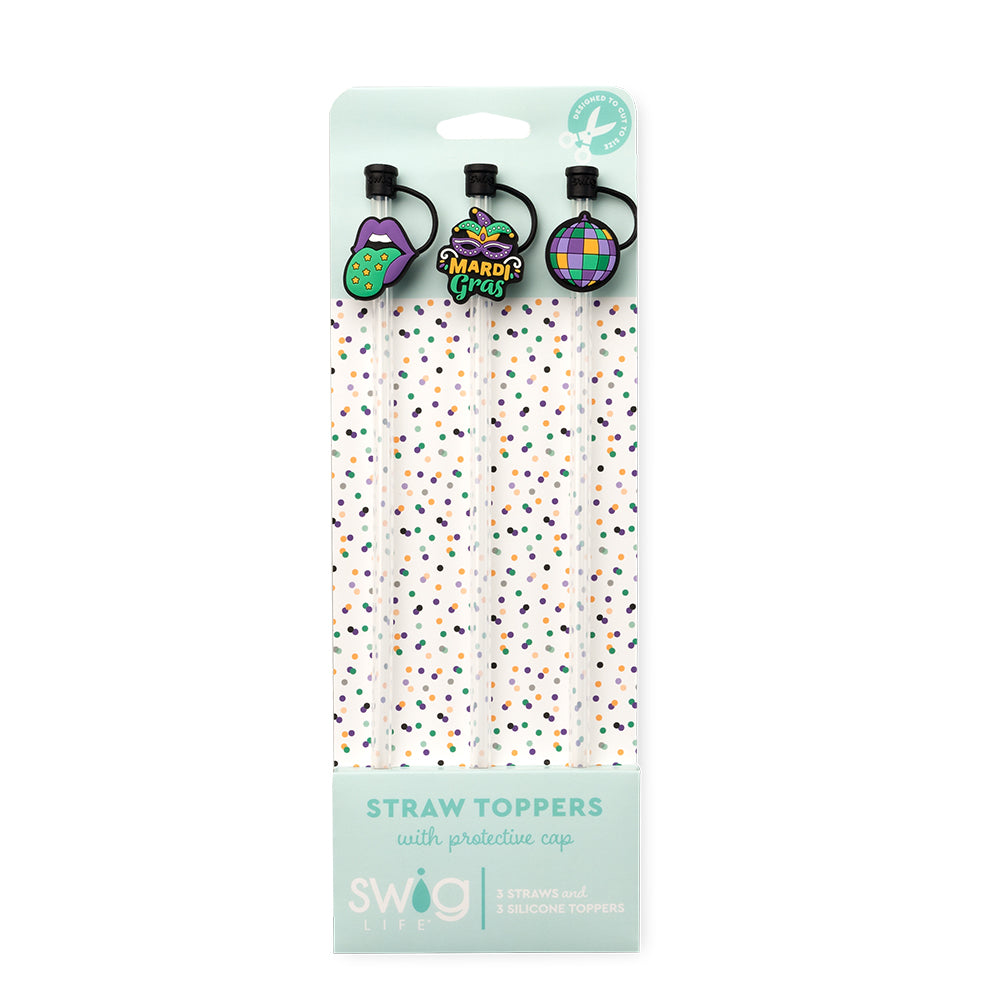 Swig Life Mardi Gras Party Straw Topper Set including three straws and three silicone topper protective caps