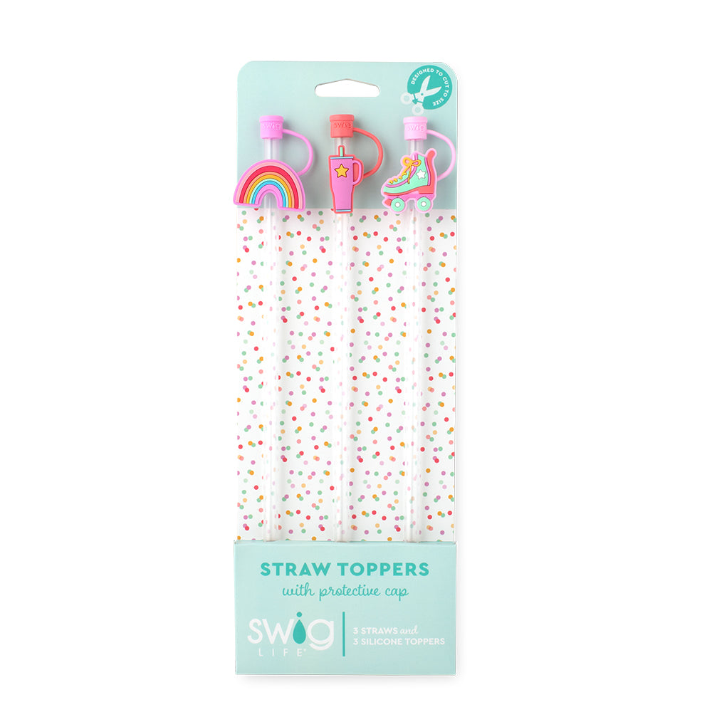 Swig Life Roller Rink Straw Topper Set including three straws and three silicone topper protective caps