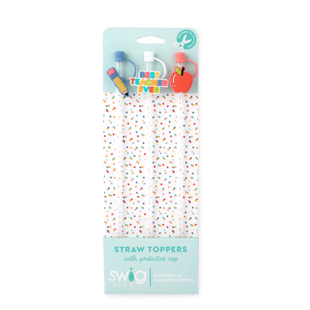 Swig Life Teacher Life Straw Topper Set including three straws and three silicone topper protective caps