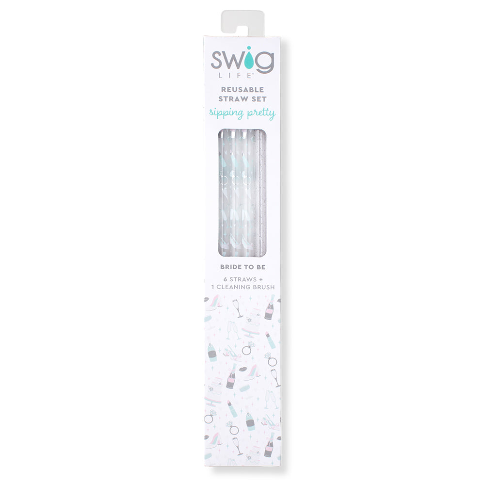 Swig Life Bride to Be + Silver Glitter Reusable Straw Set inside packaging