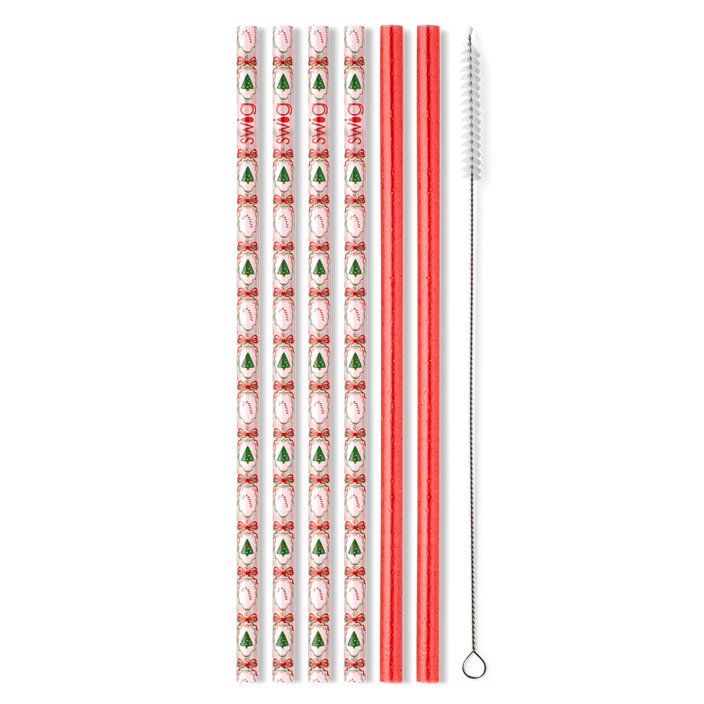 Christmas Cameos + Red Glitter Reusable Straw Set
