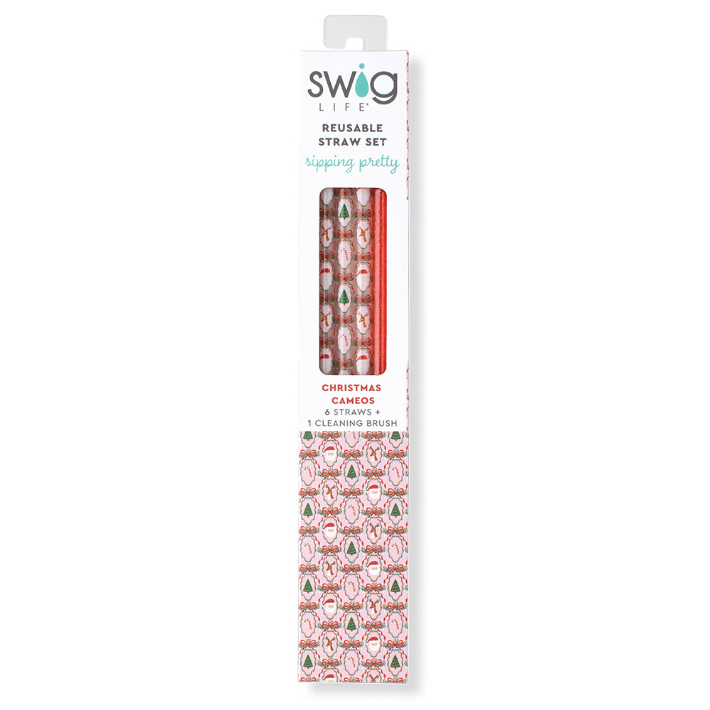 Christmas Cameos + Red Glitter Reusable Straw Set
