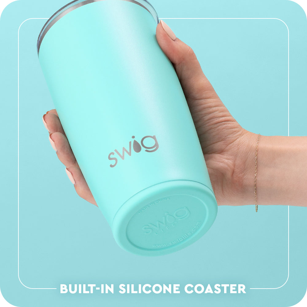 Swig Life 22oz Highball Tumbler Built-in Silicone Coaster Base infographic shown in Aqua - slip-free, scratch-free, noise-free