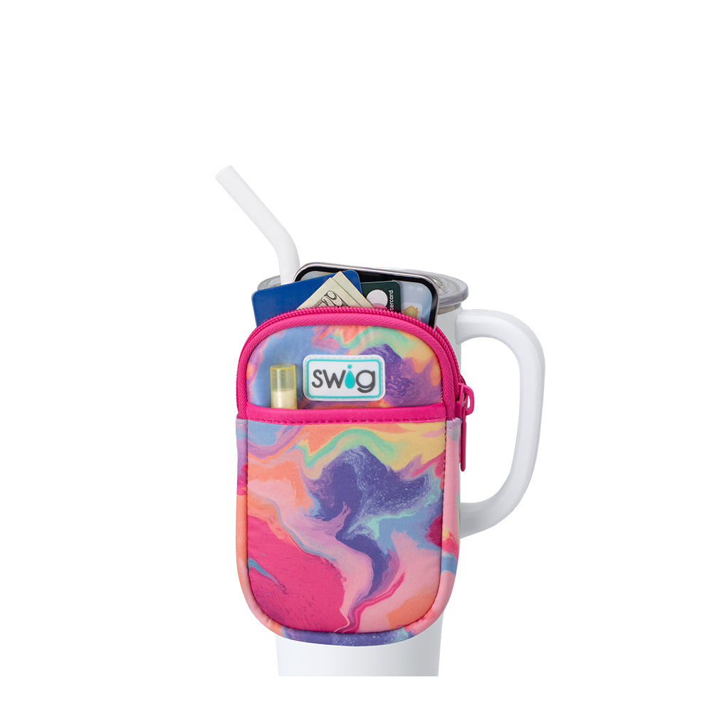 Swig Life Candy Crush Neoprene Mega Mug Pouch with two pockets containing daily essentials