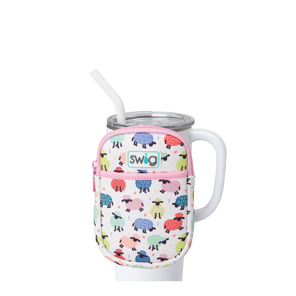 Swig Life Counting Sheep Neoprene Mega Mug Pouch with Zipper on a White 40oz Mega Mug