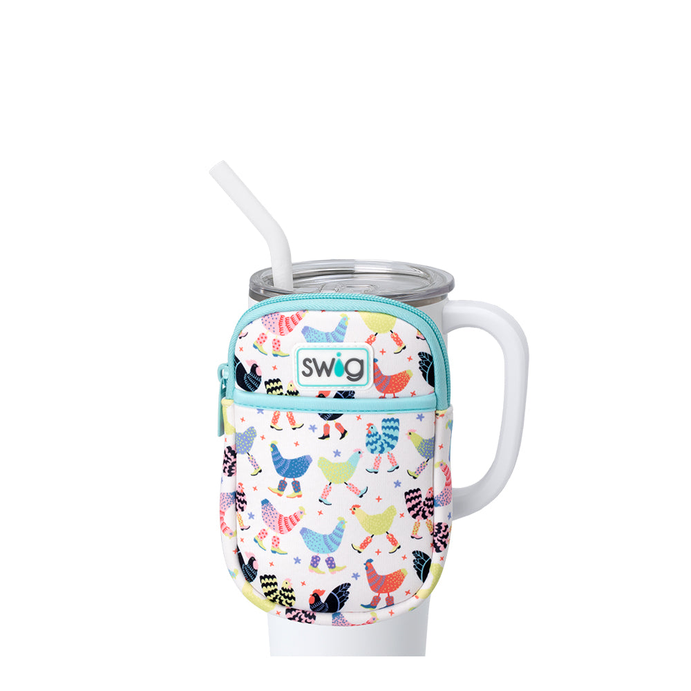 Swig Life Funky Chicken Neoprene Mega Mug Pouch with Zipper on a White 40oz Mega Mug