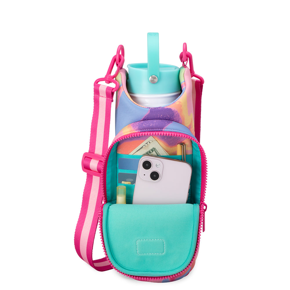 Swig Life Candy Crush Neoprene Water Bottle Sling zip pocket open with multiple compartments