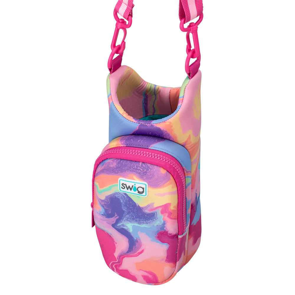Swig Life Candy Crush Insulated Neoprene Water Bottle Bag with over the shoulder strap showing button closure from the top
