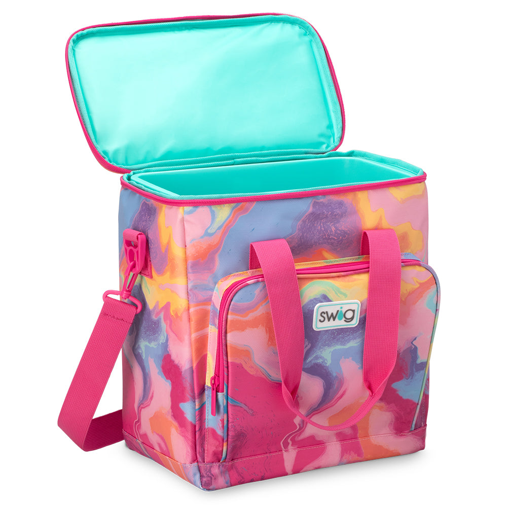 Swig Life Candy Crush Boxxi 24 Cooler open view showing aqua insulted lining and zipper enclosure
