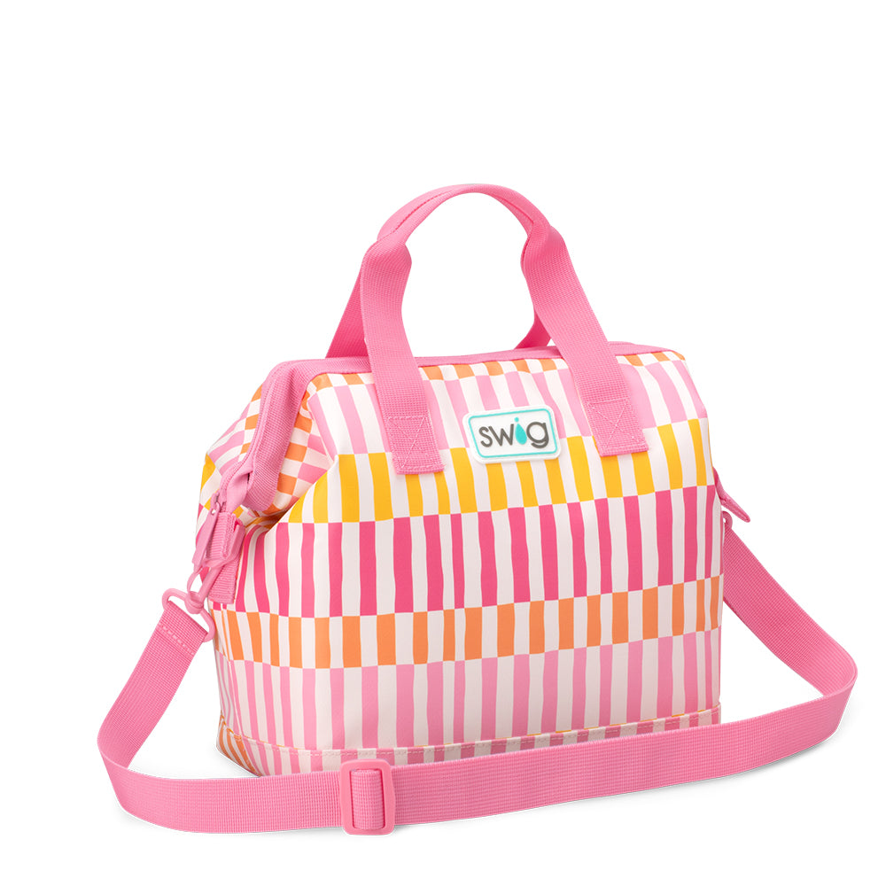 Swig Life Sherbet Stripe Insulated Packi 12 Cooler with zip enclosure, top handle, and shoulder strap