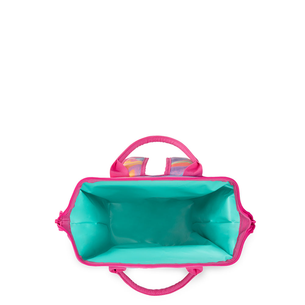 Swig Life Candy Crush  Packi Backpack Cooler shown open from the top with aqua insulated liner