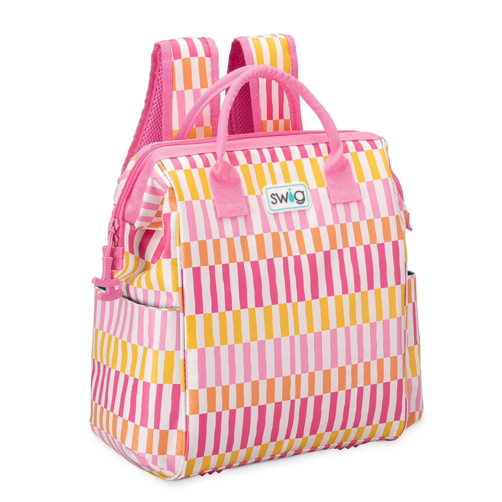 Swig Life Sherbet Stripe Insulated Packi Backpack Cooler with zipper enclosure, shoulder straps, and top handle
