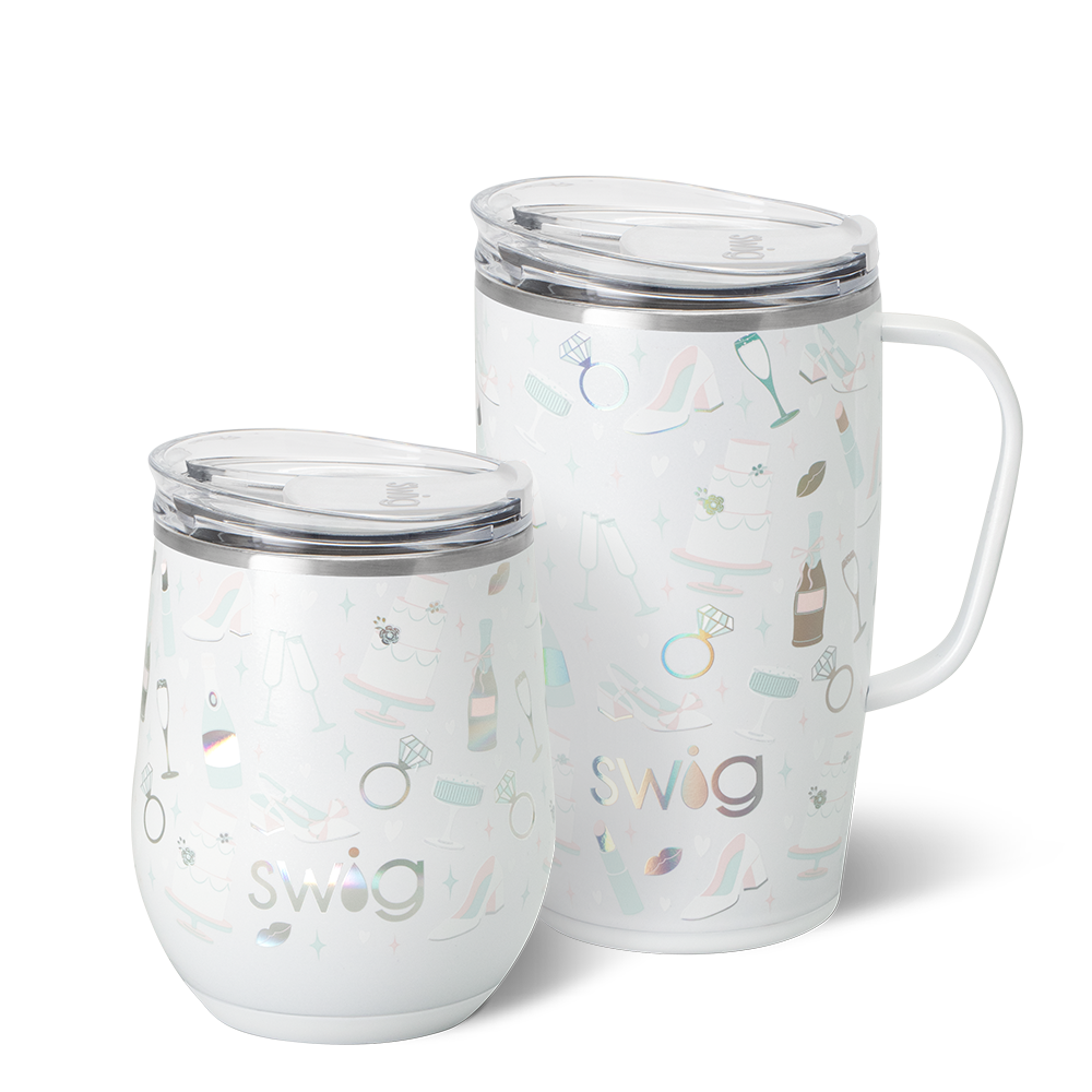 Swig Life Bride to Be AM + PM Set including a 12oz Stemless Wine Cup and an 18oz Travel Mug