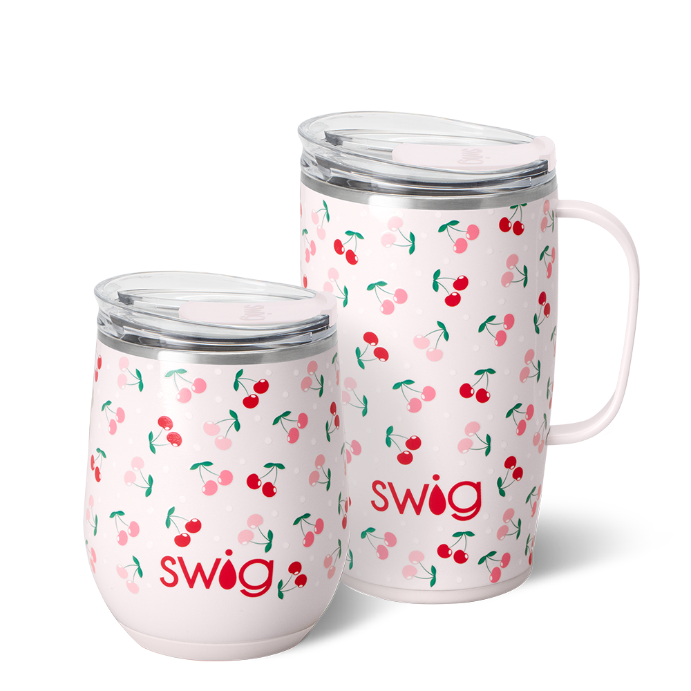 Swig Life Cherry Pie AM + PM Set including a 12oz Stemless Wine Cup and an 18oz Travel Mug
