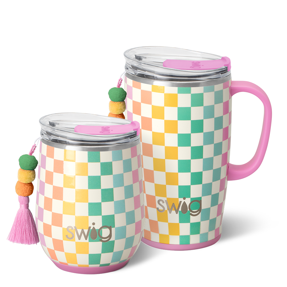 Swig Life Check Mate AM + PM Set including a 12oz Stemless Wine Cup and an 18oz Travel Mug