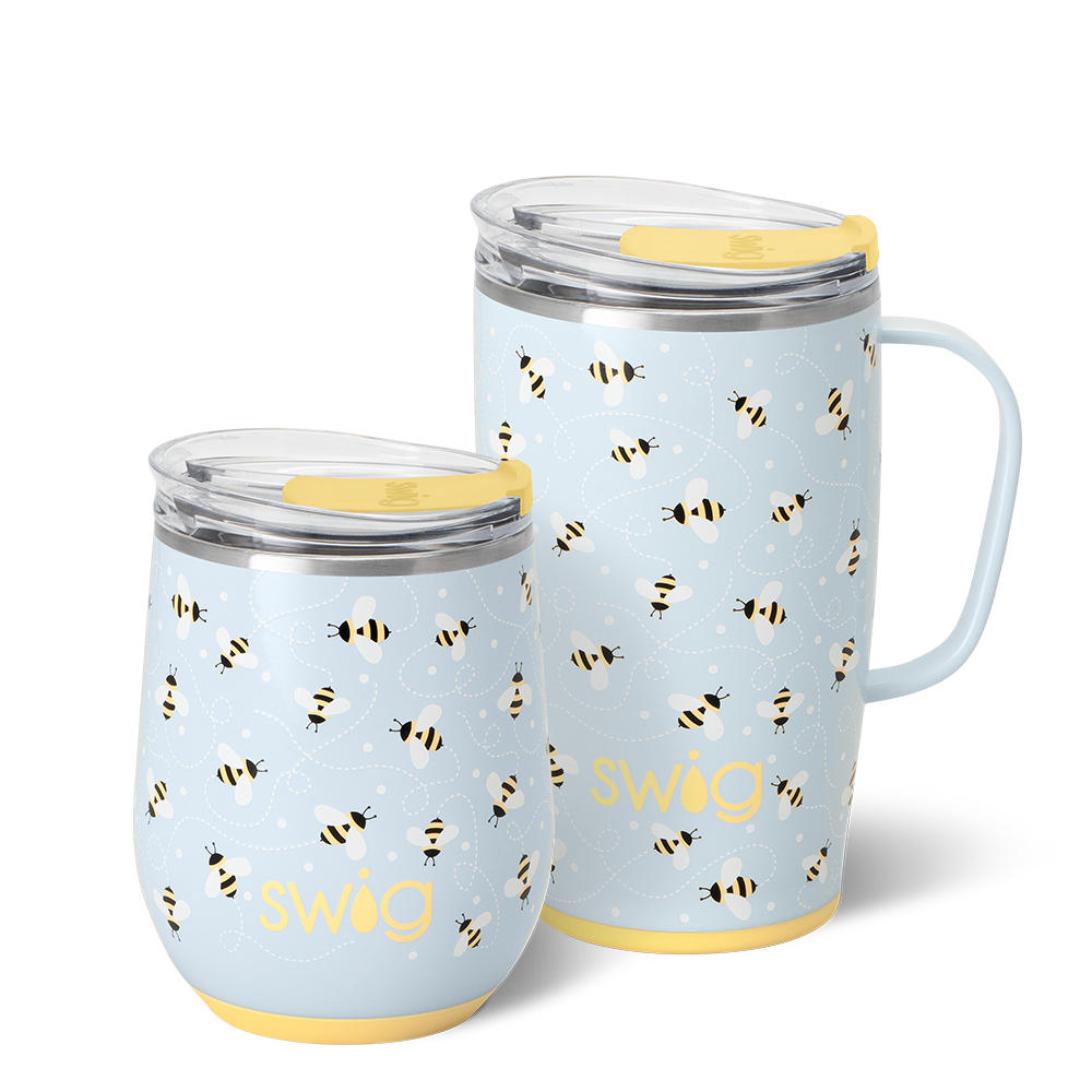 Swig Life Busy Bee AM + PM Set including a 12oz Stemless Wine Cup and an 18oz Travel Mug