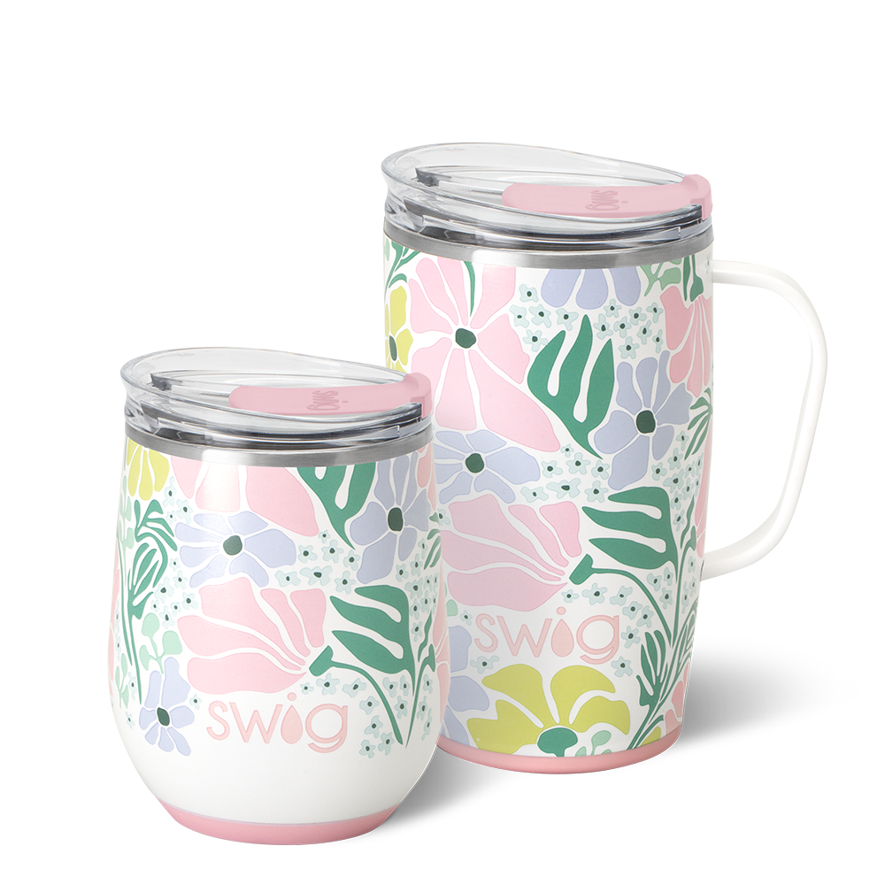 Swig Life Garden Party AM + PM Set including a 12oz Stemless Wine Cup and an 18oz Travel Mug
