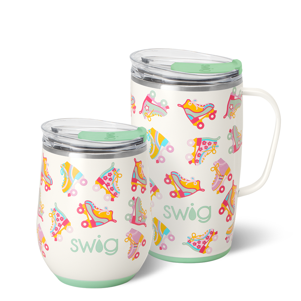 Swig Life Roller Rink AM + PM Set including a 12oz Stemless Wine Cup and an 18oz Travel Mug