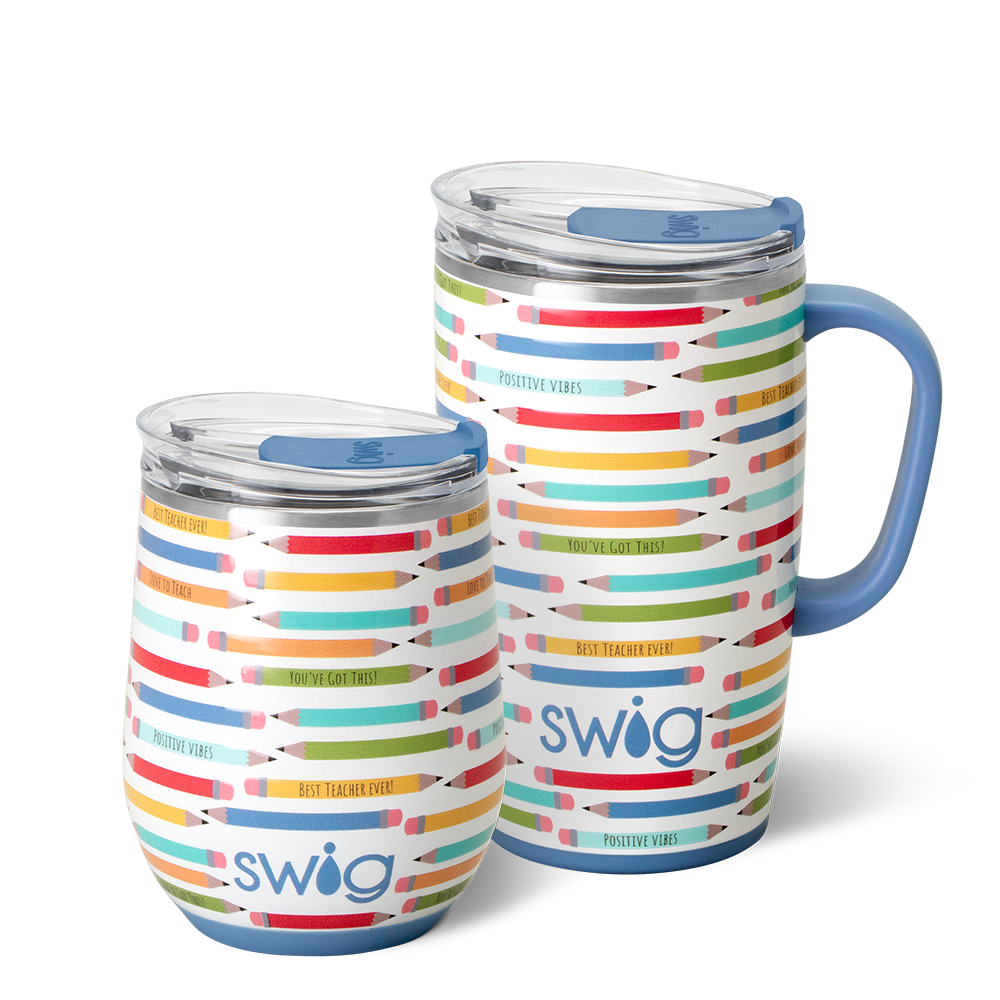Swig Life Teacher Life AM + PM Set including a 12oz Stemless Wine Cup and an 18oz Travel Mug