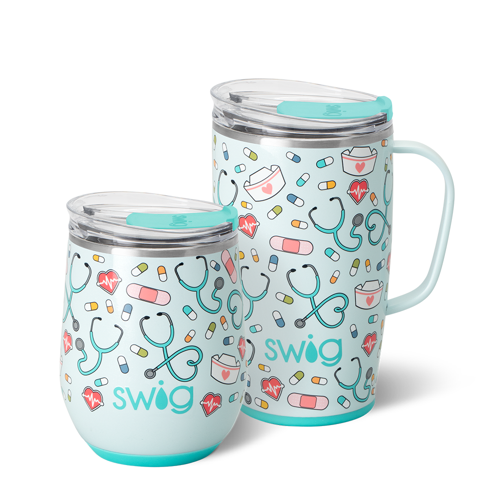 Swig Life Scrub Life AM + PM Set including a 12oz Stemless Wine Cup and an 18oz Travel Mug