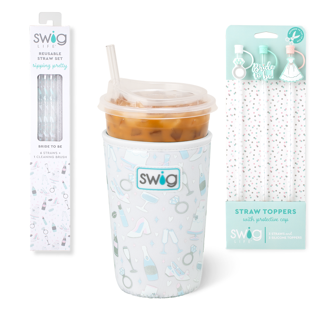Swig Life Bride to Be Accessory Bundle featuring an Iced Cup Coolie, Straw Topper Set, and Reusable Straw Set
