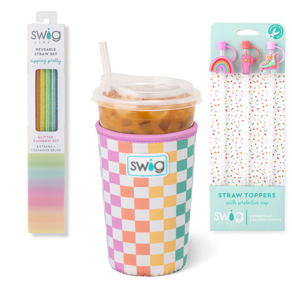 Swig Life Check Mate Accessory Bundle featuring an Iced Cup Coolie, Straw Topper Set, and Reusable Straw Set