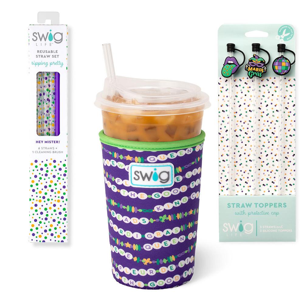Swig Life My Mardi Era Accessory Bundle featuring an Iced Cup Coolie, Straw Topper Set, and Reusable Straw Set