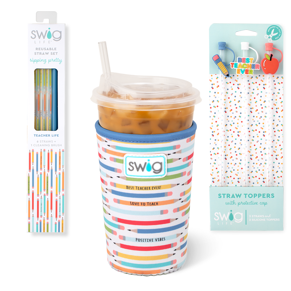 Swig Life Teacher Life Accessory Bundle featuring an Iced Cup Coolie, Straw Topper Set, and Reusable Straw Set