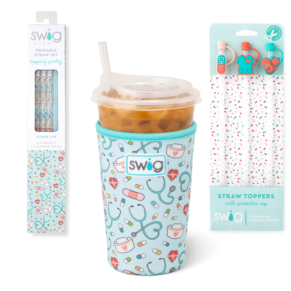 Swig Life Scrub Life Accessory Bundle featuring an Iced Cup Coolie, Straw Topper Set, and Reusable Straw Set