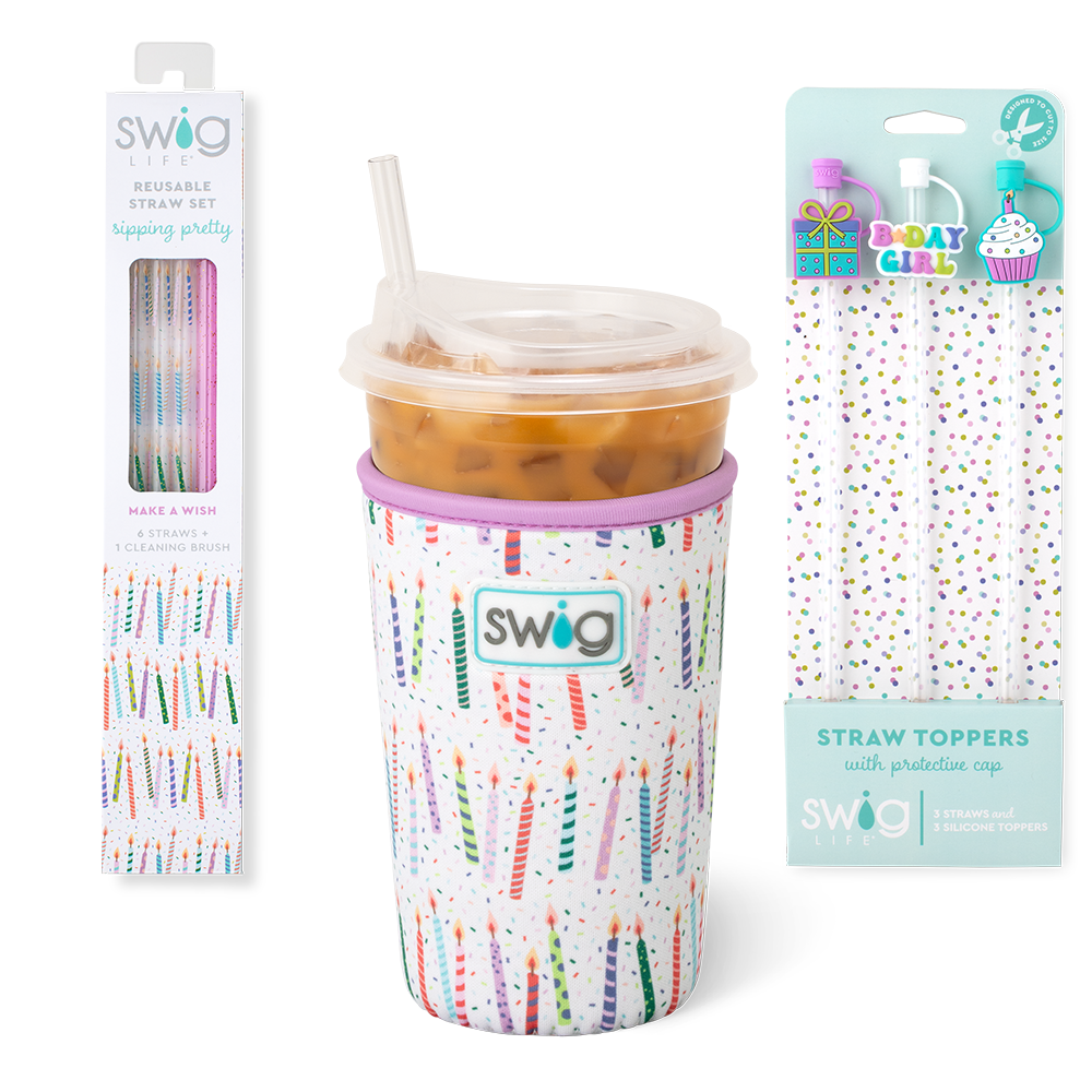 Swig Life Make a Wish Accessory Bundle featuring an Iced Cup Coolie, Straw Topper Set, and Reusable Straw Set